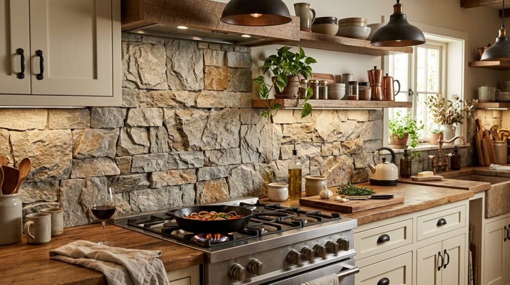 Close up detail of modern natural stone ledger panels installed on an indoor wall.