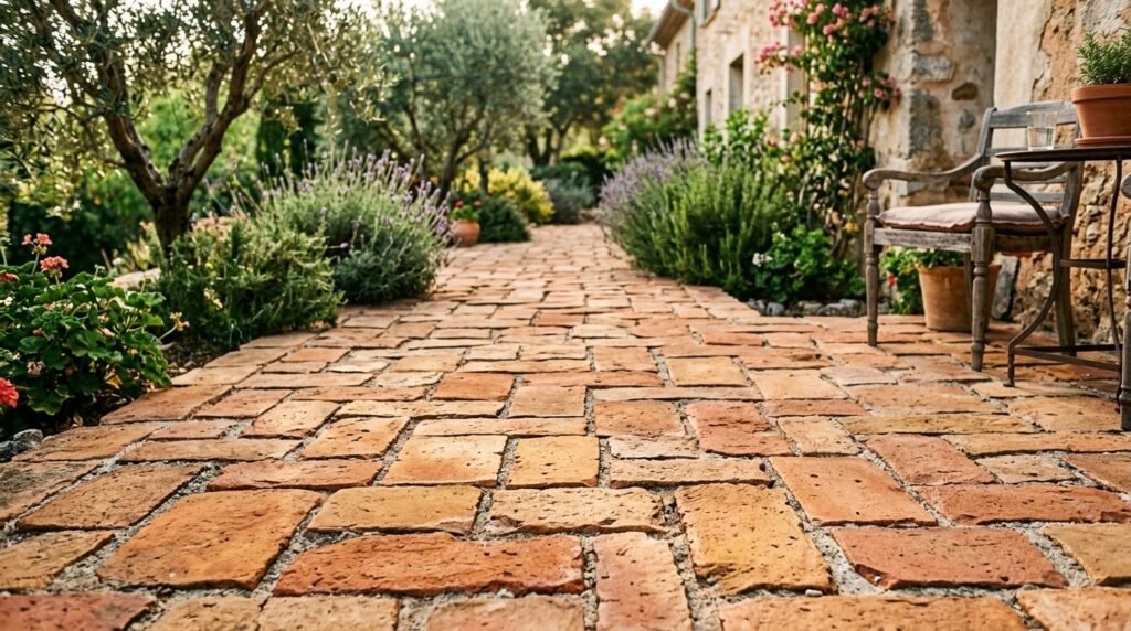 Close up view of textured natural terracotta clay pavers in a patio setting