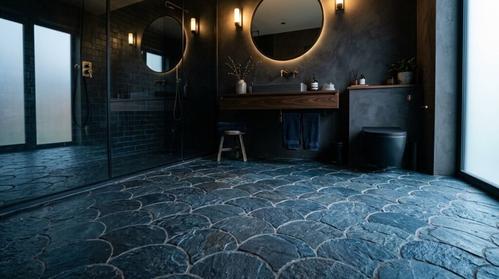Close up view of natural grey slate floor tiles with unique stone textures.