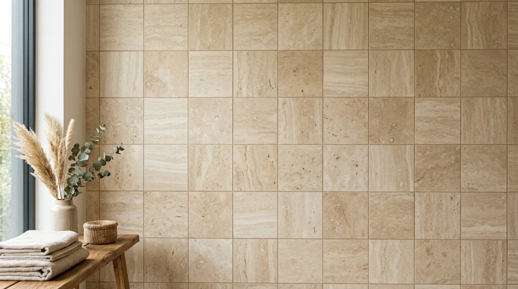 High resolution close up of premium natural travertine stone tiles with a textured finish.