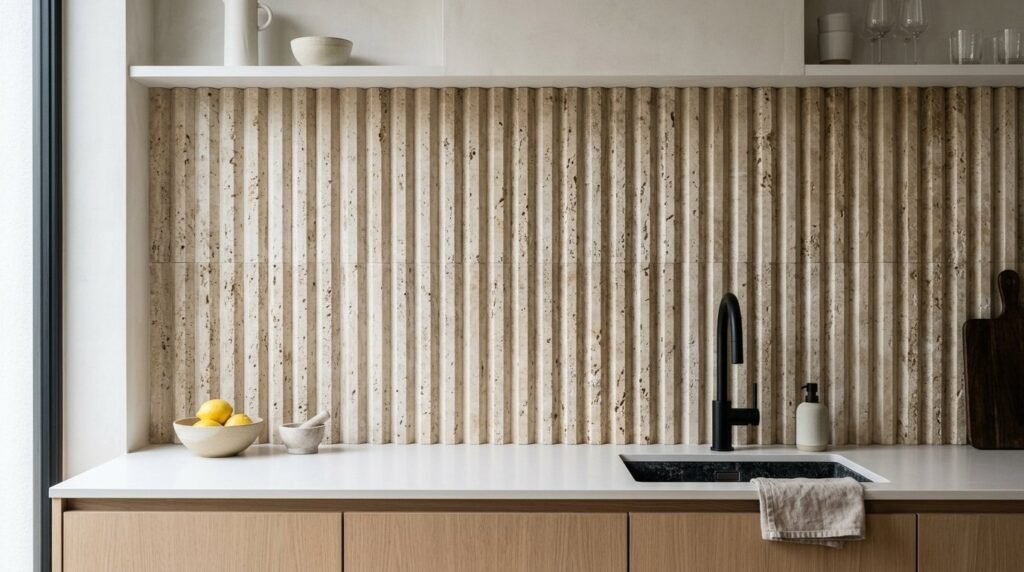Close up view of textured natural travertine stone tiles on a residential floor.