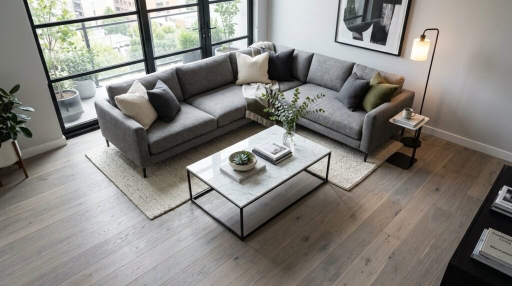 High angle view of premium natural white oak hardwood flooring with clean wood grain patterns.