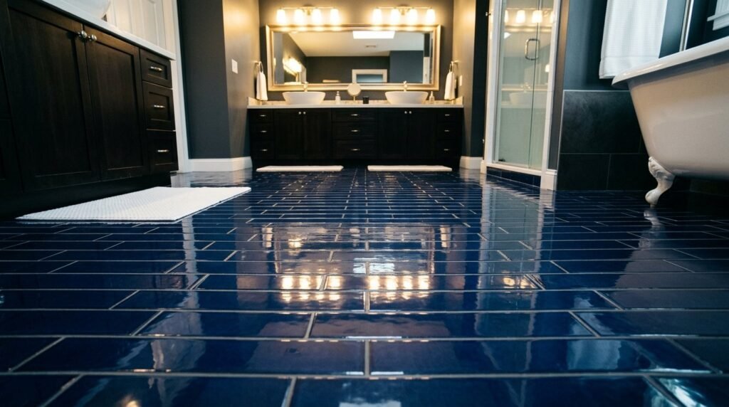 Close up view of modern navy blue bathroom floor tiles with clean grout lines.
