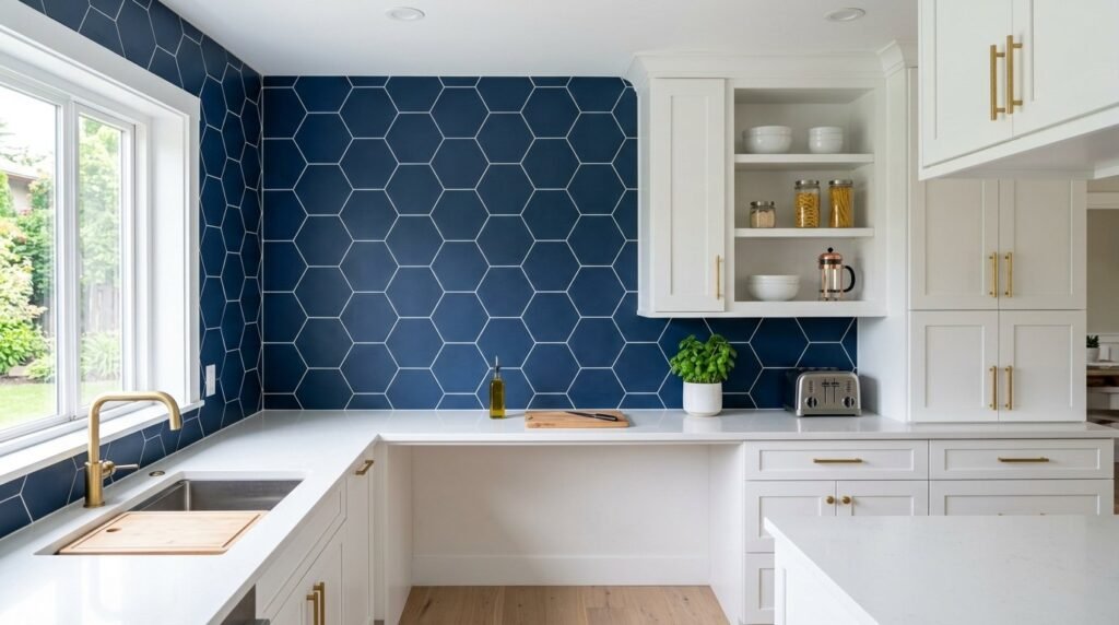 Close up view of elegant navy blue hexagon wall tiles with clean grout lines.