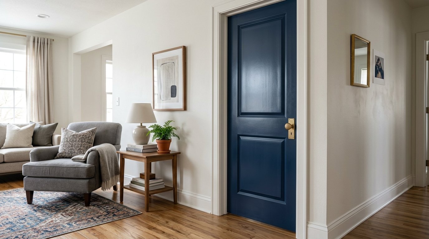 A painted dark blue door with brass knob sits in a bright white hallway next to a cozy gray armchair.