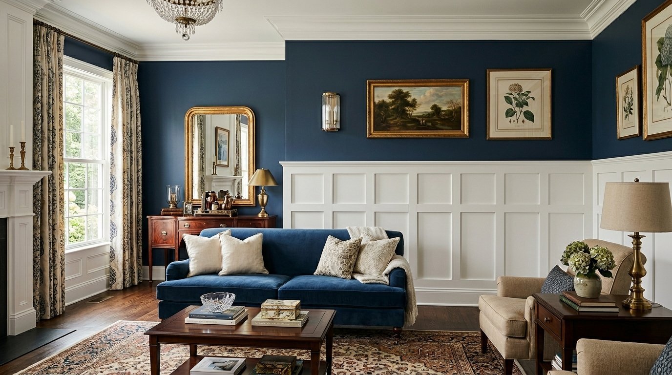 A formal living room features a blue velvet sofa against white paneled walls and dark wood furniture.