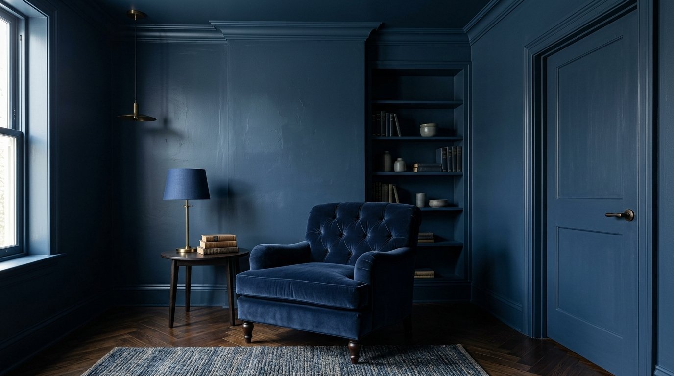 A tufted blue velvet chair next to a side table with books in a room painted deep navy with built-in bookshelves.
