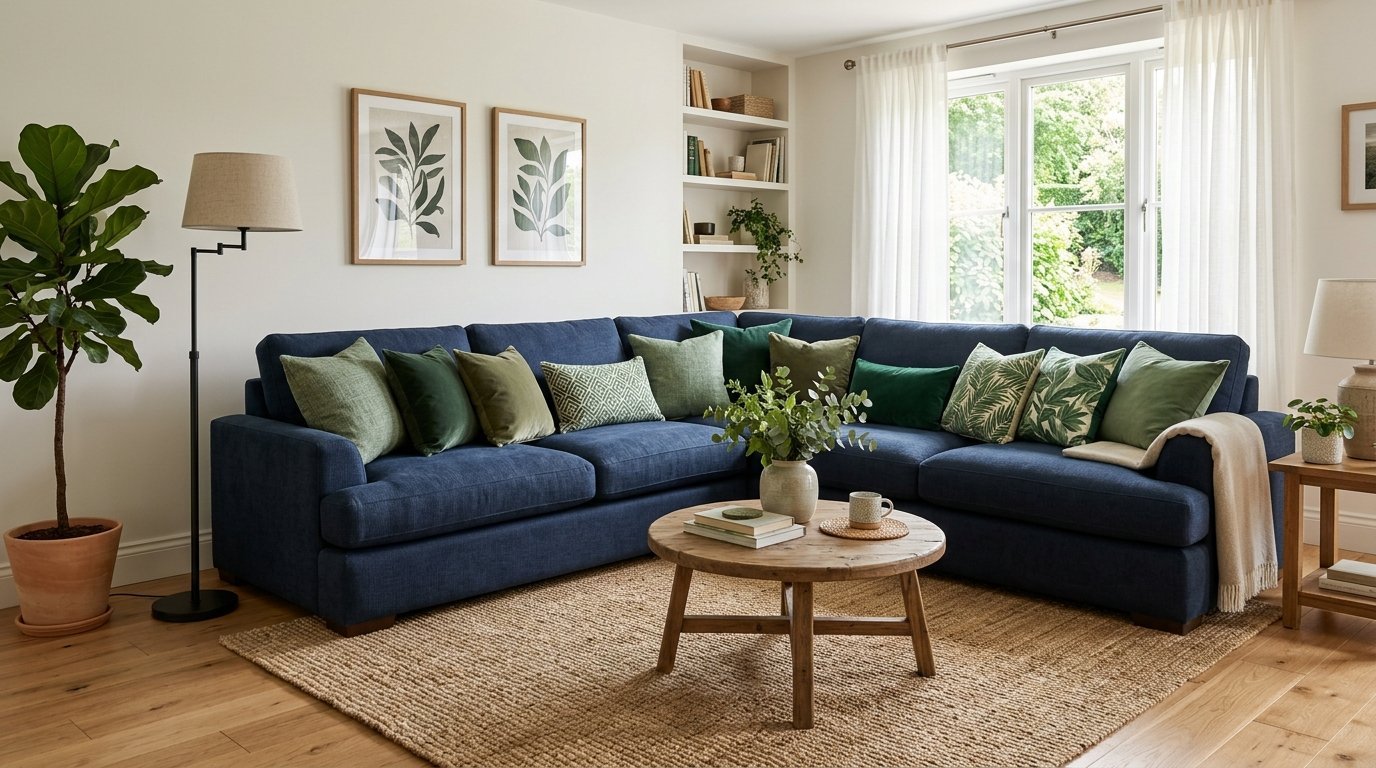 L-shaped navy blue sofa with assorted green cushions and a circular wooden coffee table on a jute rug.