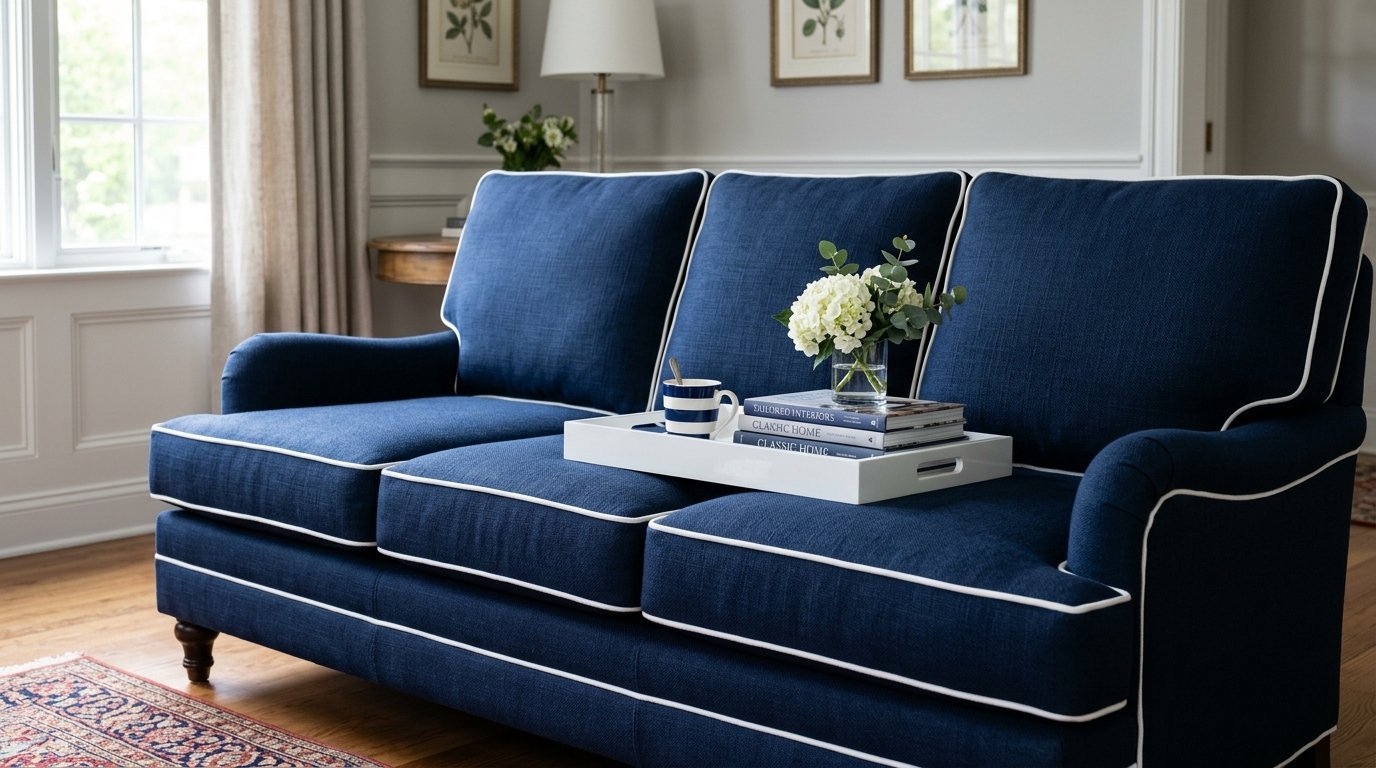 Navy blue sofa with white trim and a white serving tray holding books and flowers.