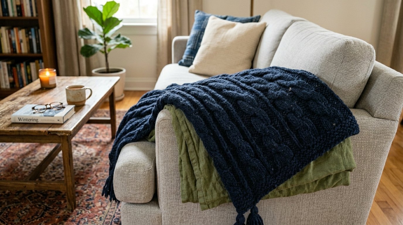 A thick navy blue cable knit blanket draped over a light grey sofa with olive green linen underneath.