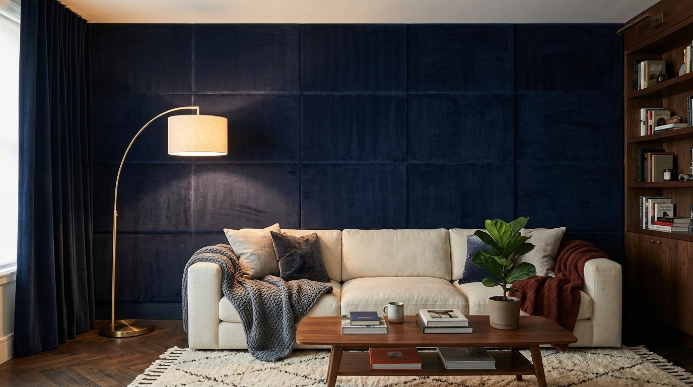 A beige couch sits in front of a blue velvet grid wall with a floor lamp and walnut coffee table.