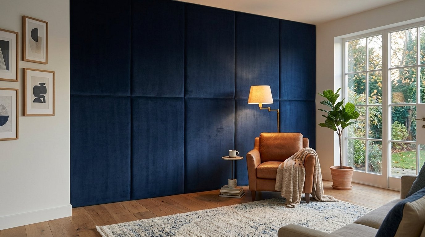 A cognac leather armchair sits beside a dark blue upholstered wall in a living room.