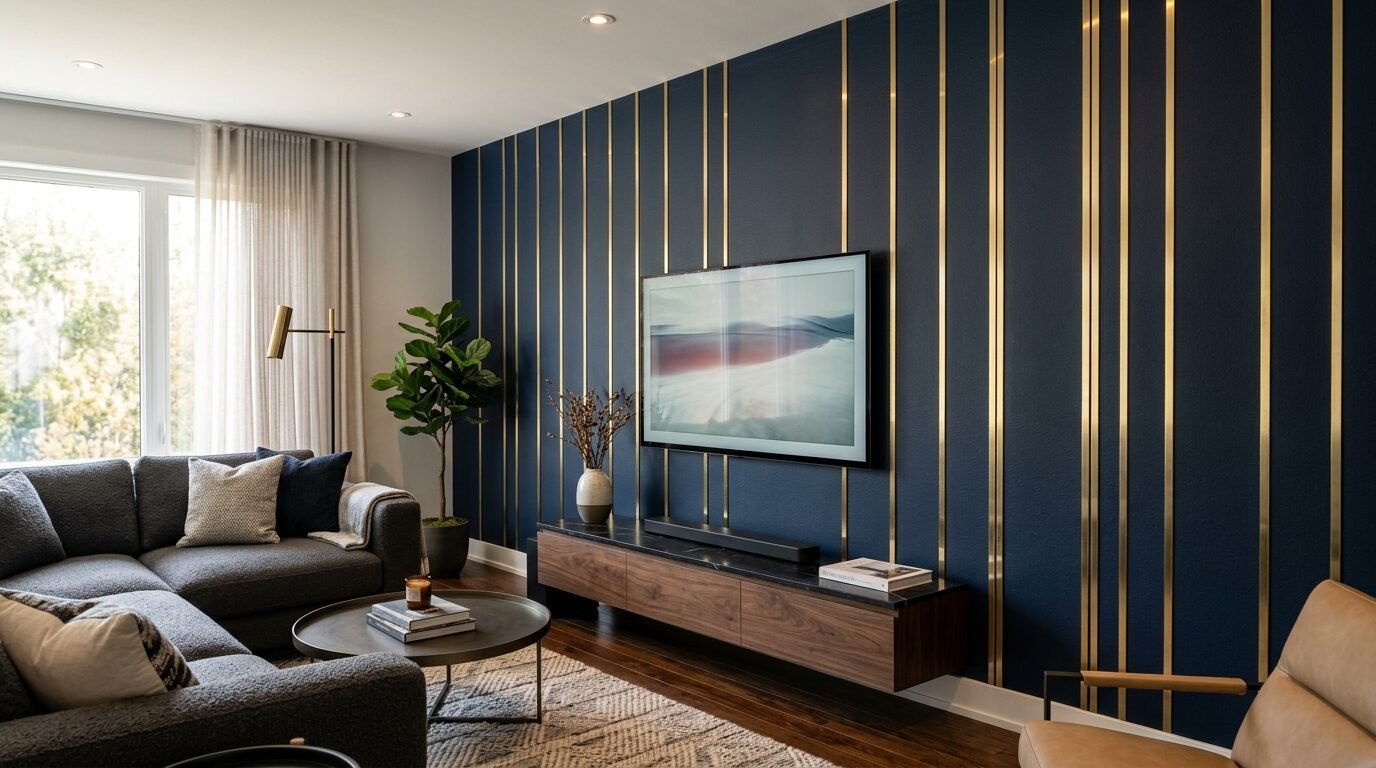 A navy blue accent wall with vertical gold lines behind a mounted TV and a floating walnut media console.