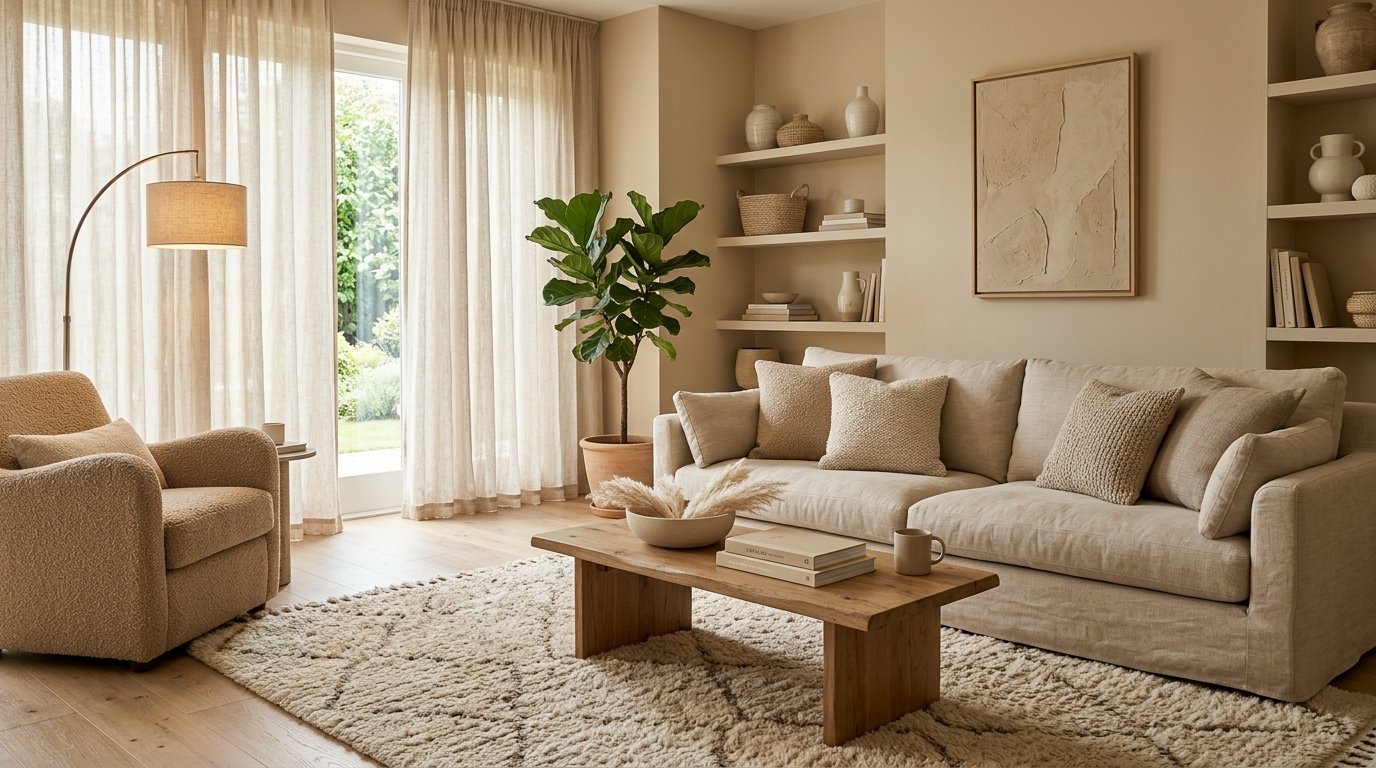 Modern beige living room with a linen sofa, fuzzy armchair, wooden coffee table, and fiddle leaf fig plant.