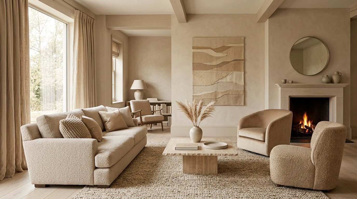 Modern living room with a beige textured sofa, fireplace, and neutral earth-toned decor.