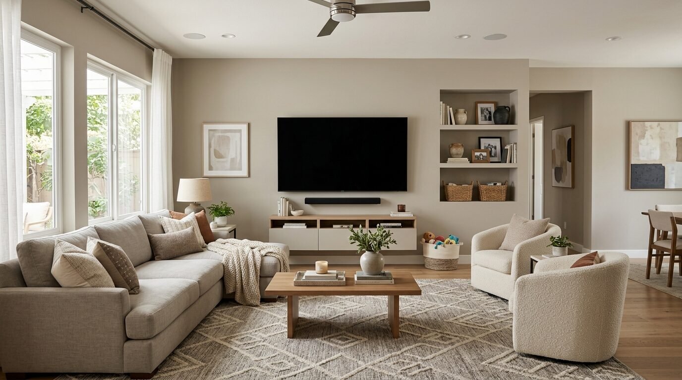 A bright living room with a large sofa, two cream armchairs, a wall-mounted TV, and built-in shelving.