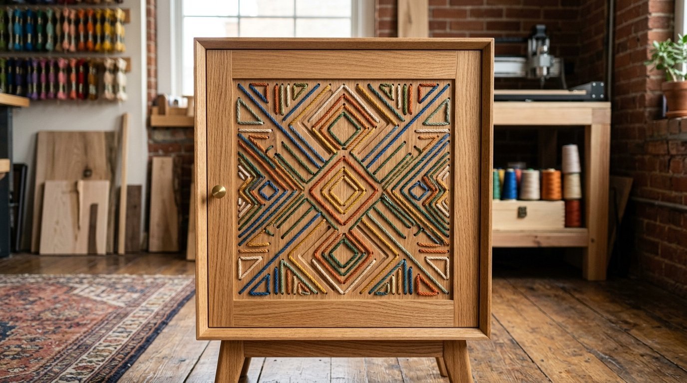Mid-century style oak nightstand with a geometric pattern created using colorful threads.