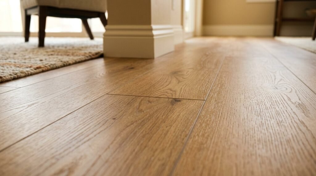 Top-down view of light oak luxury vinyl plank flooring with a realistic wood grain texture.