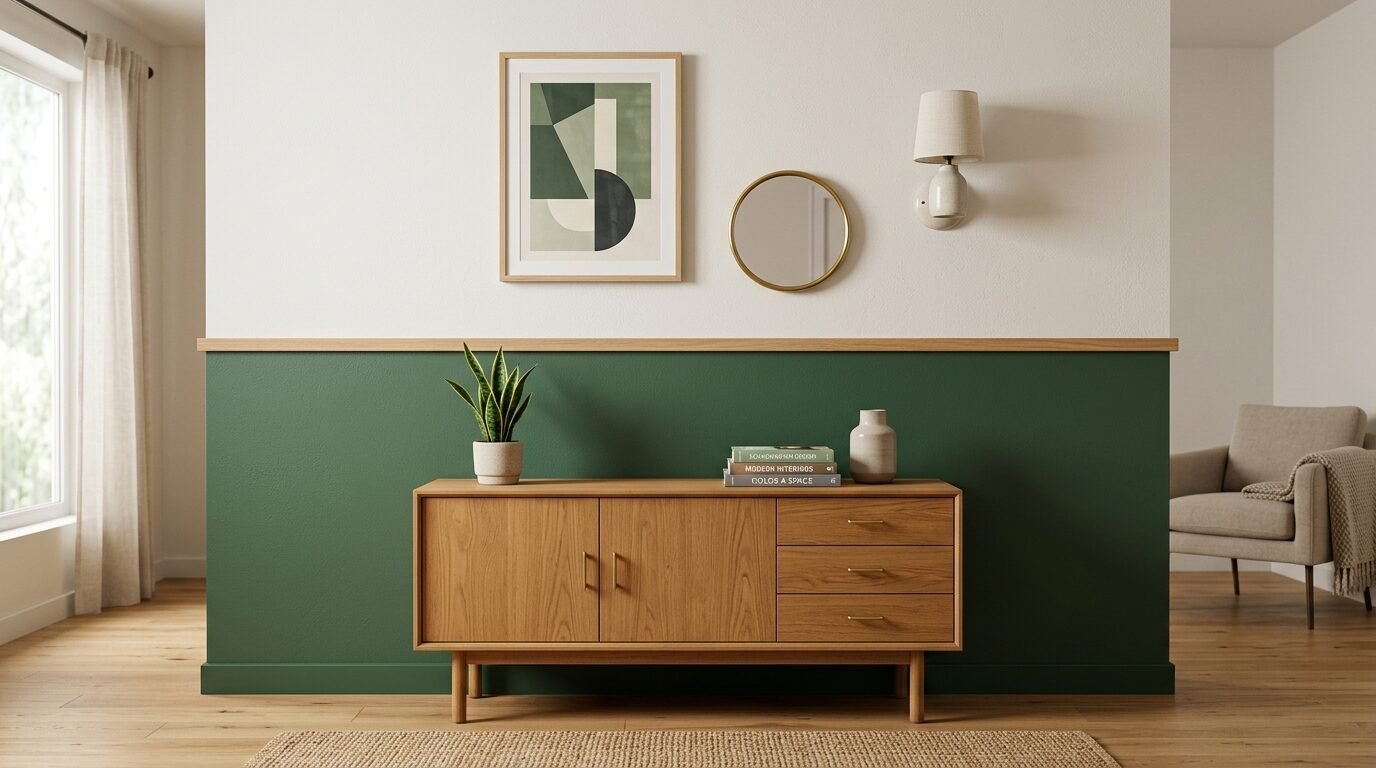 Wooden sideboard with books and a potted snake plant below geometric art and a small round mirror.