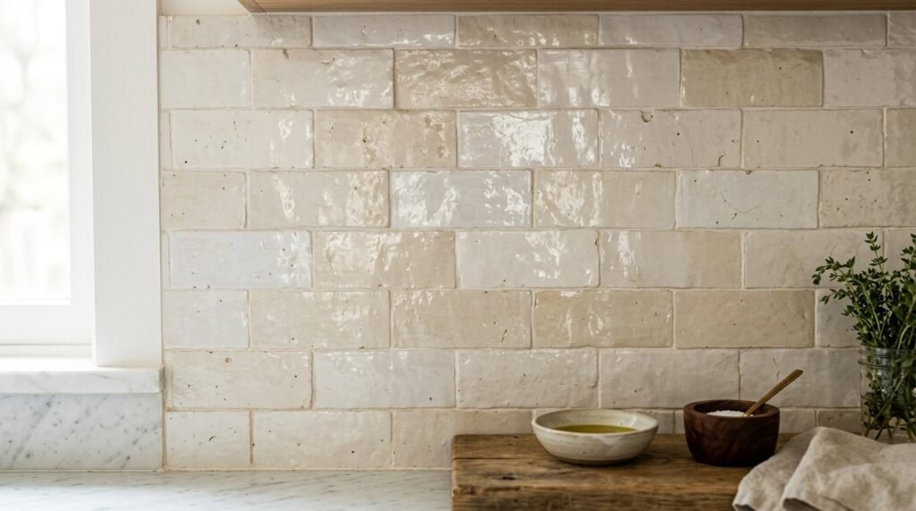 Close up view of off-white Zellige wall tiles with natural texture and subtle color variations.