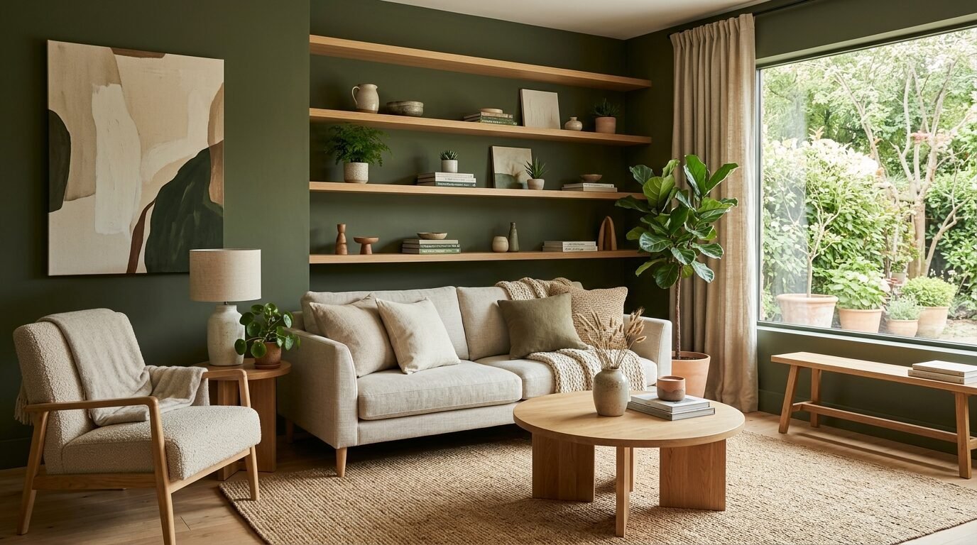 Modern living room with a beige sofa, round coffee table, and open wooden shelving against an olive green wall.