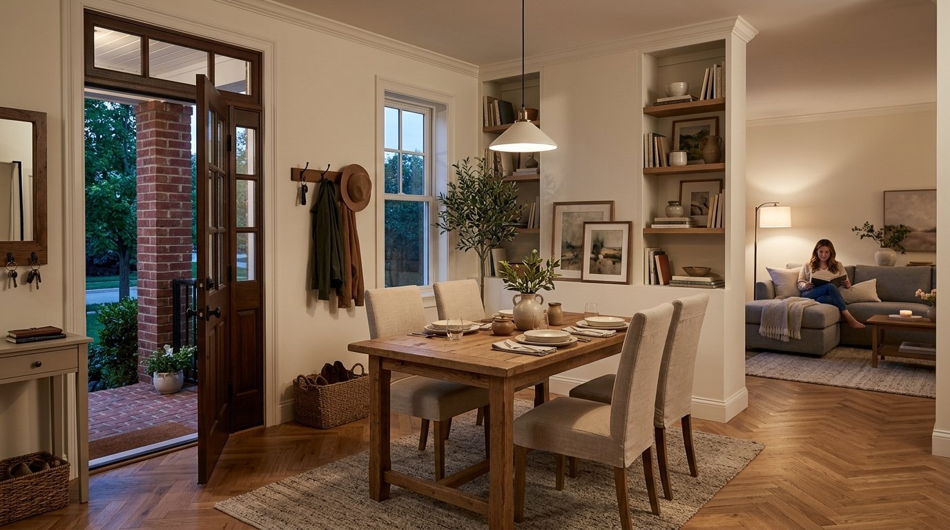 A dining room featuring a wooden table and beige chairs next to a living room where a woman reads on a sofa.