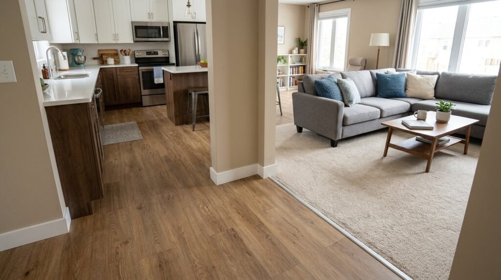 Spacious open concept kitchen area transitioning into a cozy living room with modern decor.