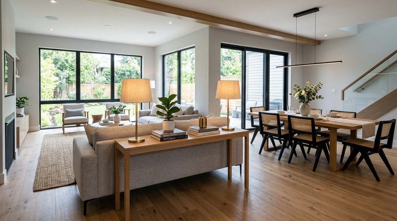 Bright living and dining area with hardwood floors, a console table behind the sofa, and large glass sliding doors.