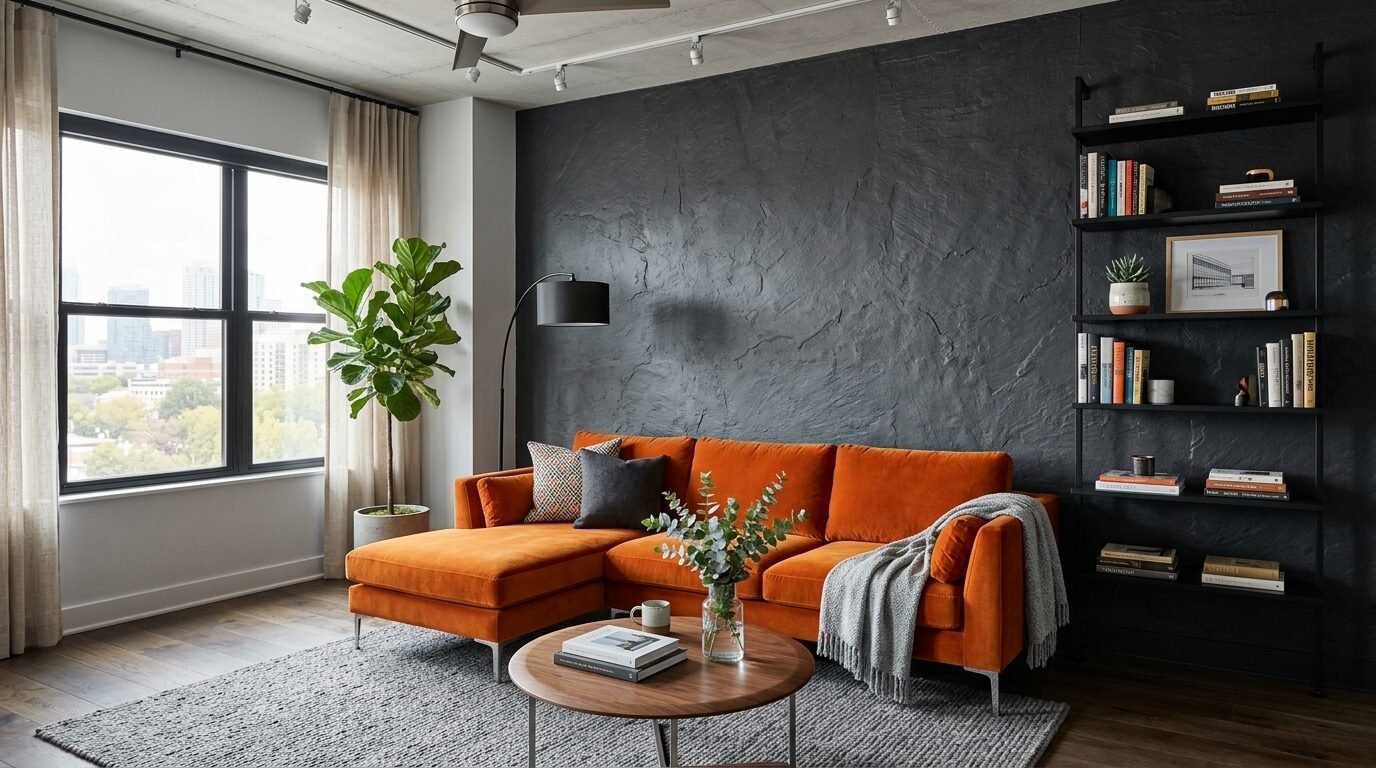 Modern living room featuring a bright orange sofa, black feature wall, and tall metal bookshelf.