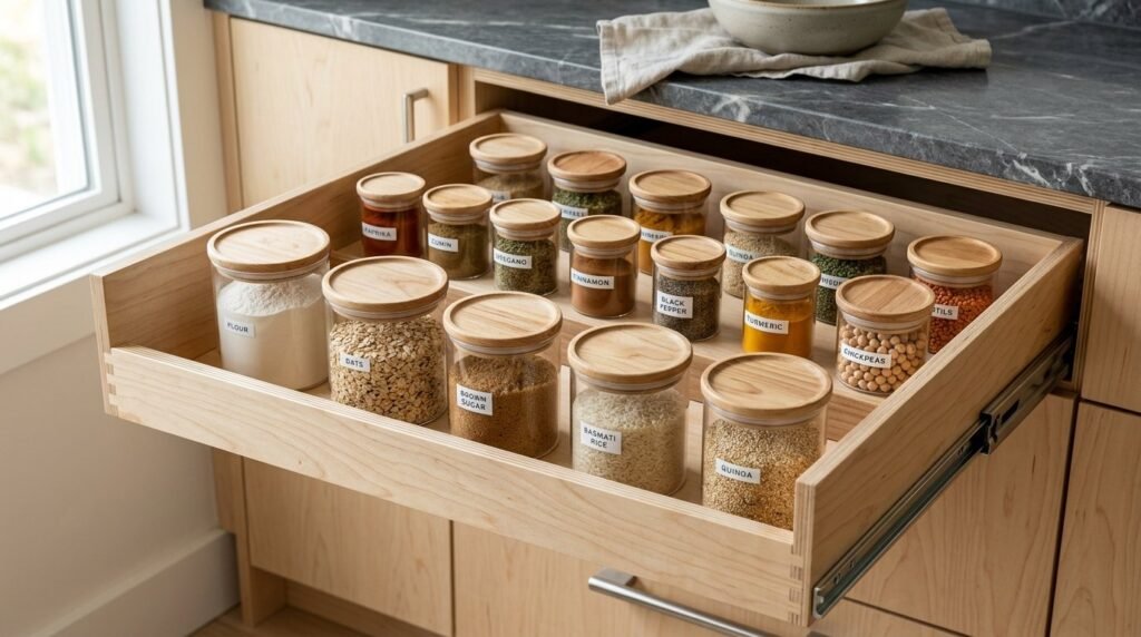 A close-up view of an organized kitchen drawer with neatly arranged utensils and kitchen tools.
