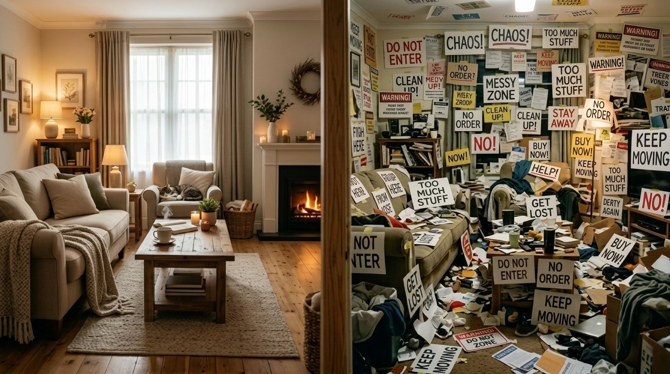 Comparison showing a serene tidy living room on the left and a hoard of papers and signs on the right side.