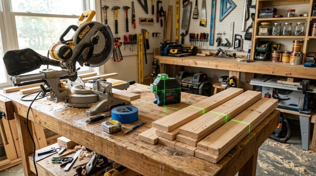 A tidy wooden workbench with various hand tools arranged neatly on a pegboard wall.