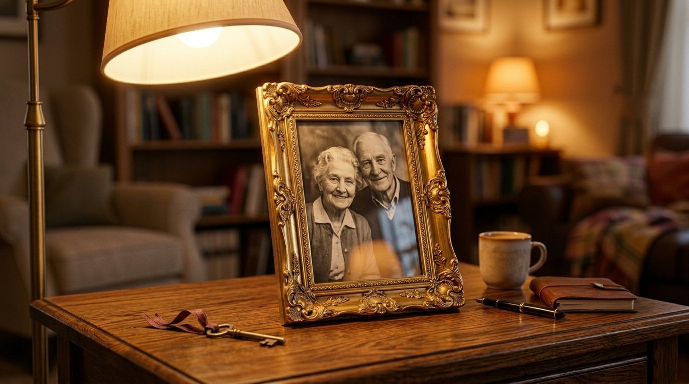 Close up of an ornate gold picture frame featuring a black and white photo of a smiling elderly man and woman.