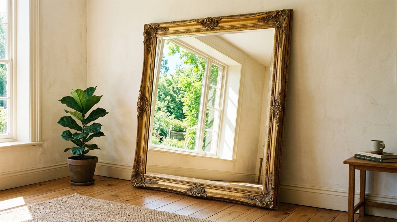A decorative antique-style gold floor mirror reflecting a garden window inside a minimalist living room.