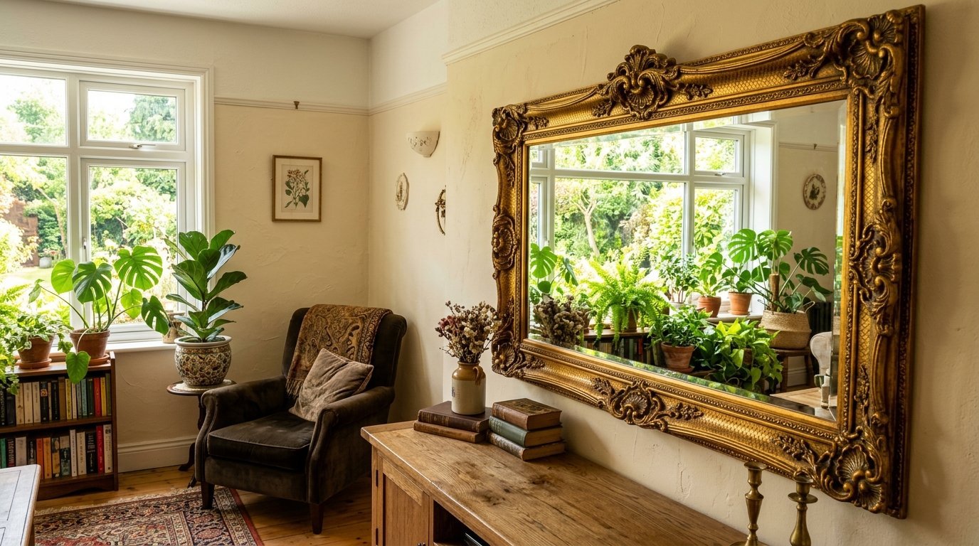Vintage gold framed mirror reflecting indoor house plants above a wooden cabinet and bookshelf.