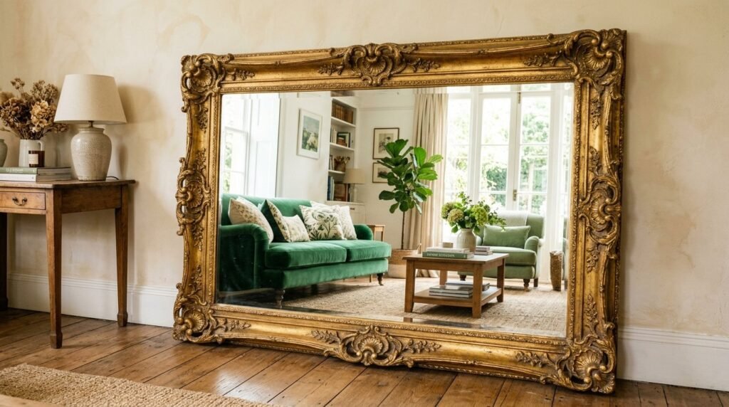 A stunning ornate gold mirror featuring intricate vintage detailing hanging on a neutral wall.
