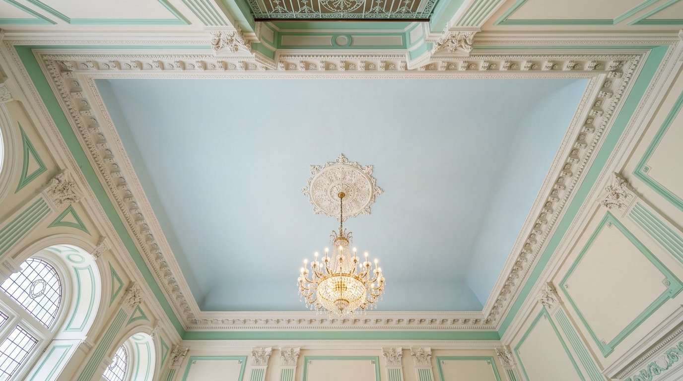 Low angle view of an elegant crystal light fixture against a soft blue ceiling with detailed molding and trim.