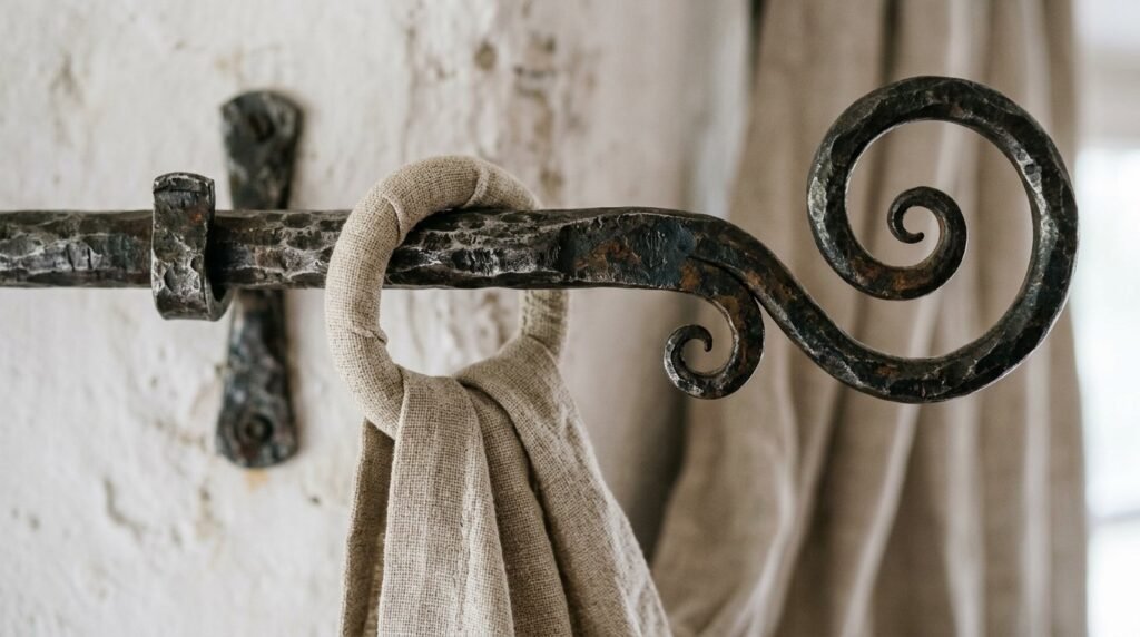 Intricate scrolled iron curtain featuring decorative metalwork patterns on a bright backdrop.