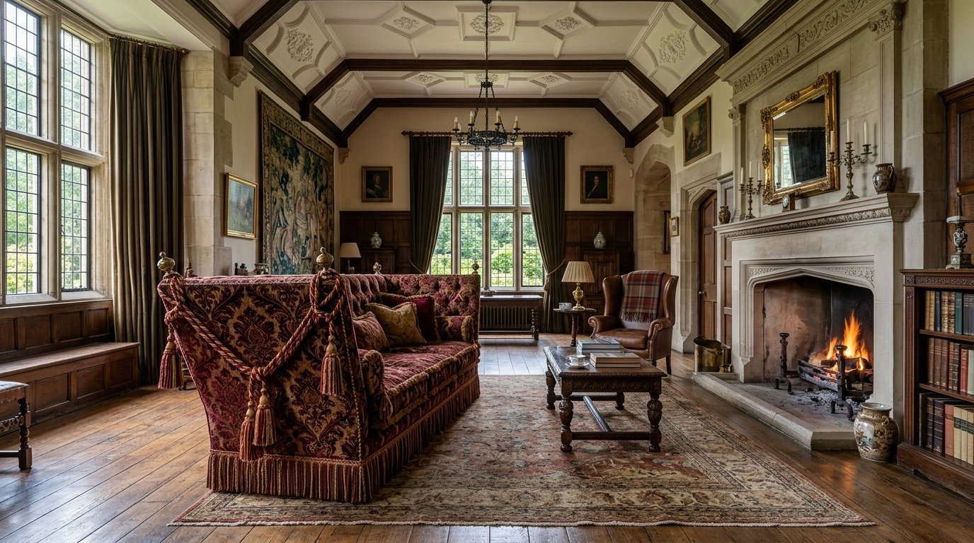 A vintage living room with a red patterned sofa, stone fireplace, and wood paneling in a traditional English estate.