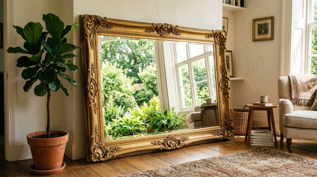 An ornate vintage mirror with intricate details leaning against a neutral-colored interior wall.