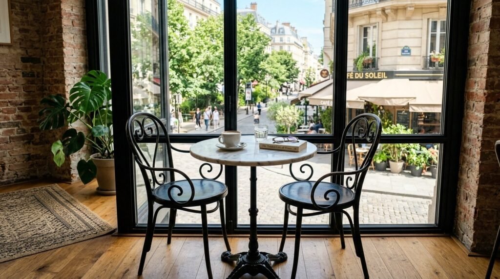 A stylish bistro table set for dining on a sunny outdoor patio.