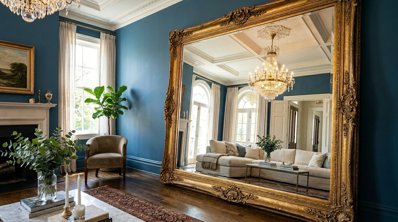 Large antique gold-framed mirror leaning against a deep blue wall reflecting a white sectional sofa and crystal chandelier.