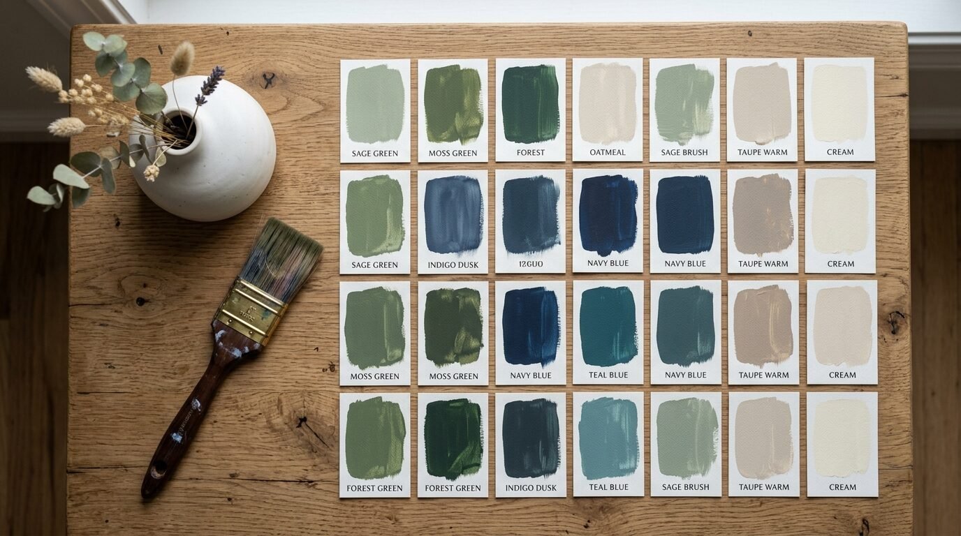 Top-down view of a wooden table featuring a paint brush, a vase, and twenty-eight various paint color sample cards.