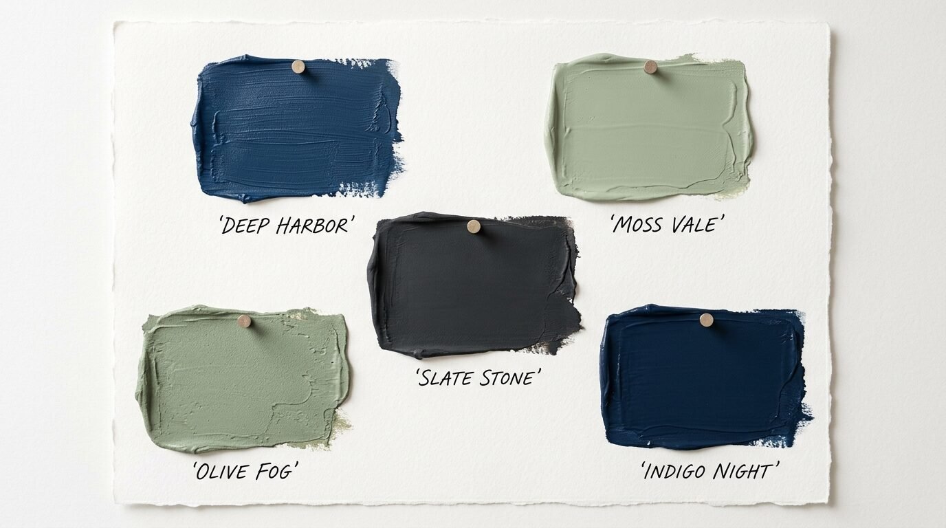 Close up of five rectangular paint strokes in blue, grey, and green hues labeled with names.