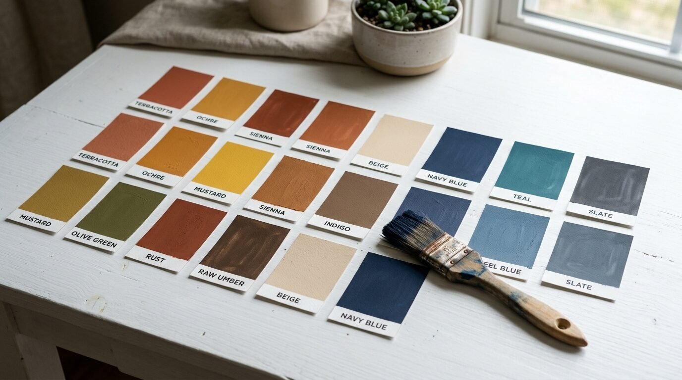An array of labeled paint sample squares on a white table with a brush resting on the navy blue tile.