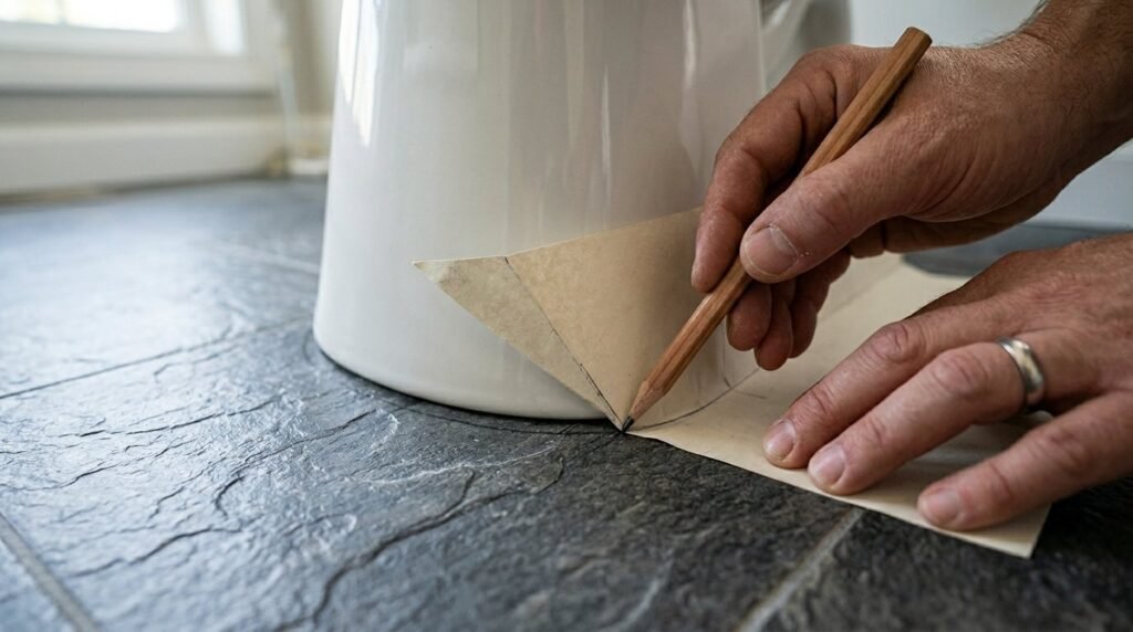 Close up of a hand using a pencil to trace a paper template onto material for a craft project.