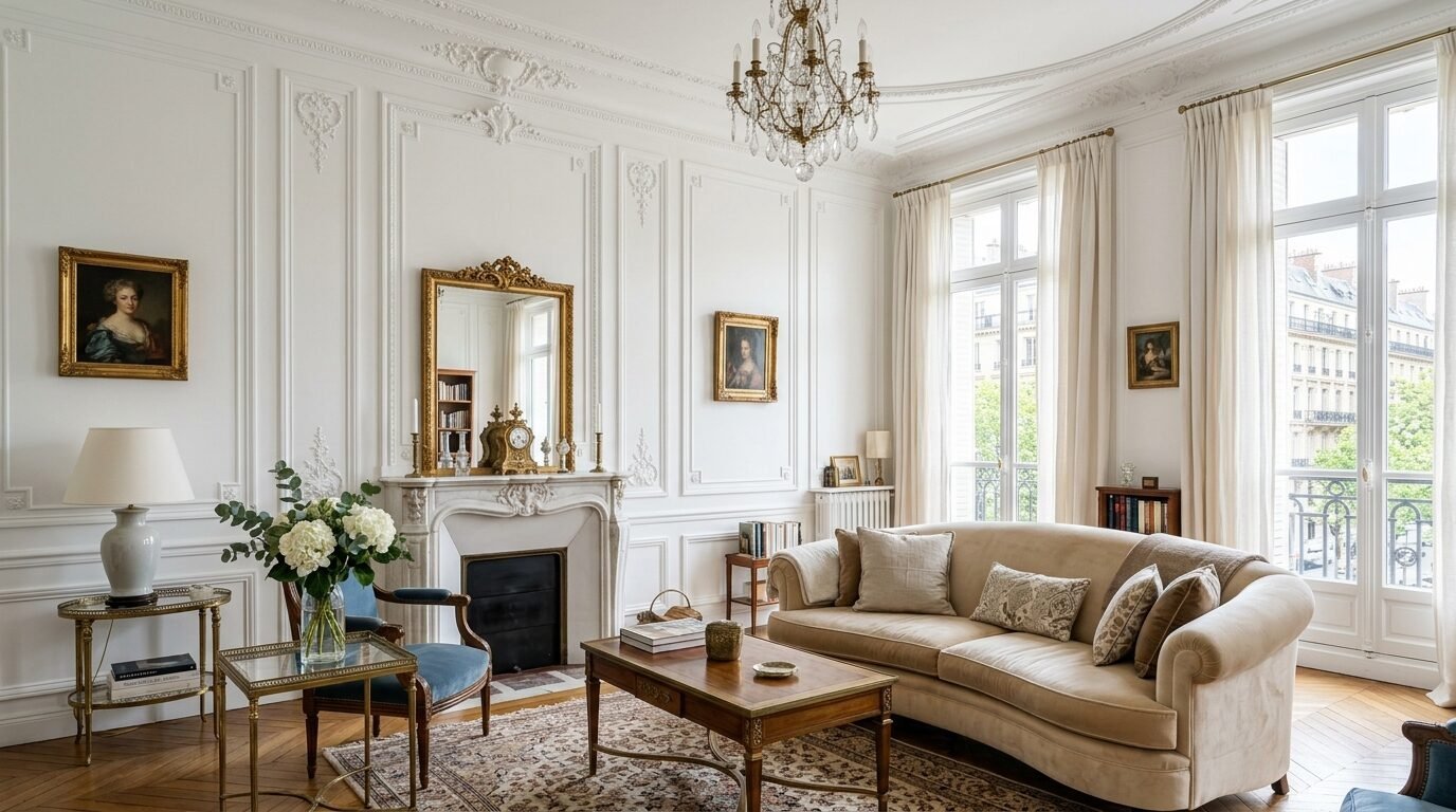Bright, classic living room featuring white wall molding, a crystal chandelier, and a curved beige sofa.