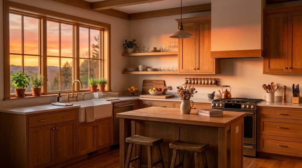 A calm and peaceful modern kitchen with clean lines and soft natural lighting.