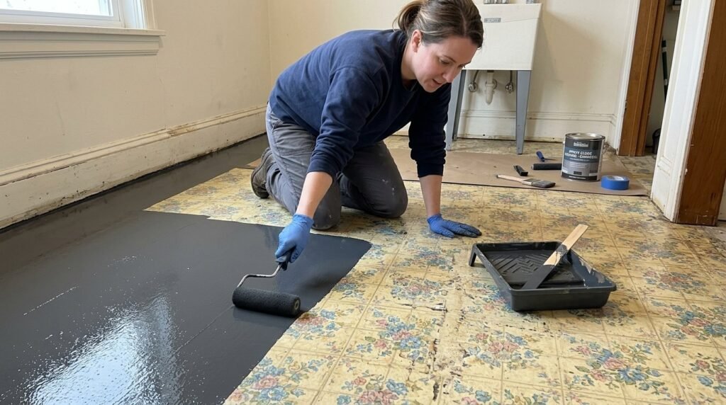Close-up of a person carefully spreading clear epoxy resin over a workspace surface.