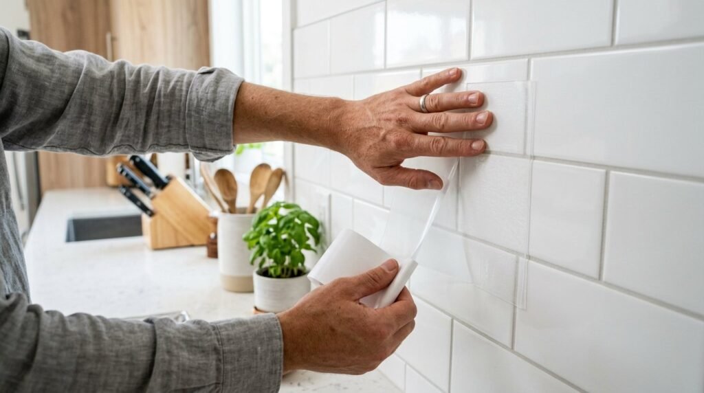 Close-up of a person carefully applying industrial adhesive to a material surface.